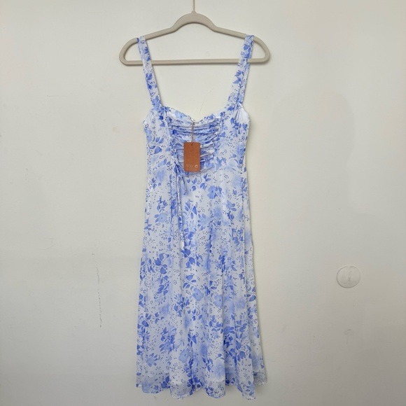 Rihoas Blue Square Neck Floral Ruched Midi Dress - Picture 11 of 11
